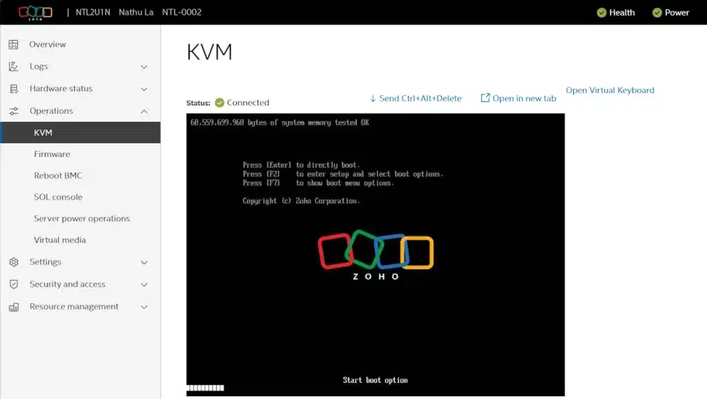 Zoho presenta su servidor propio Nathu La con el que reducir los costes de inferencia de la IA 3 Zoho BIOS Boot KVM screen