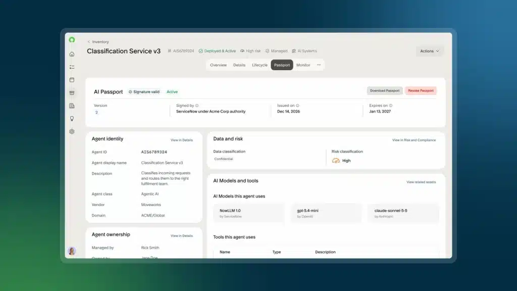 ServiceNow verifica los permisos de los agentes de IA en tiempo real con AI Passport 3 ServiceNow AI_Passport pantalla